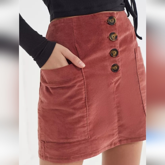 BDG Pink Velvet Button Front Mini Skirt - Picture 2 of 8